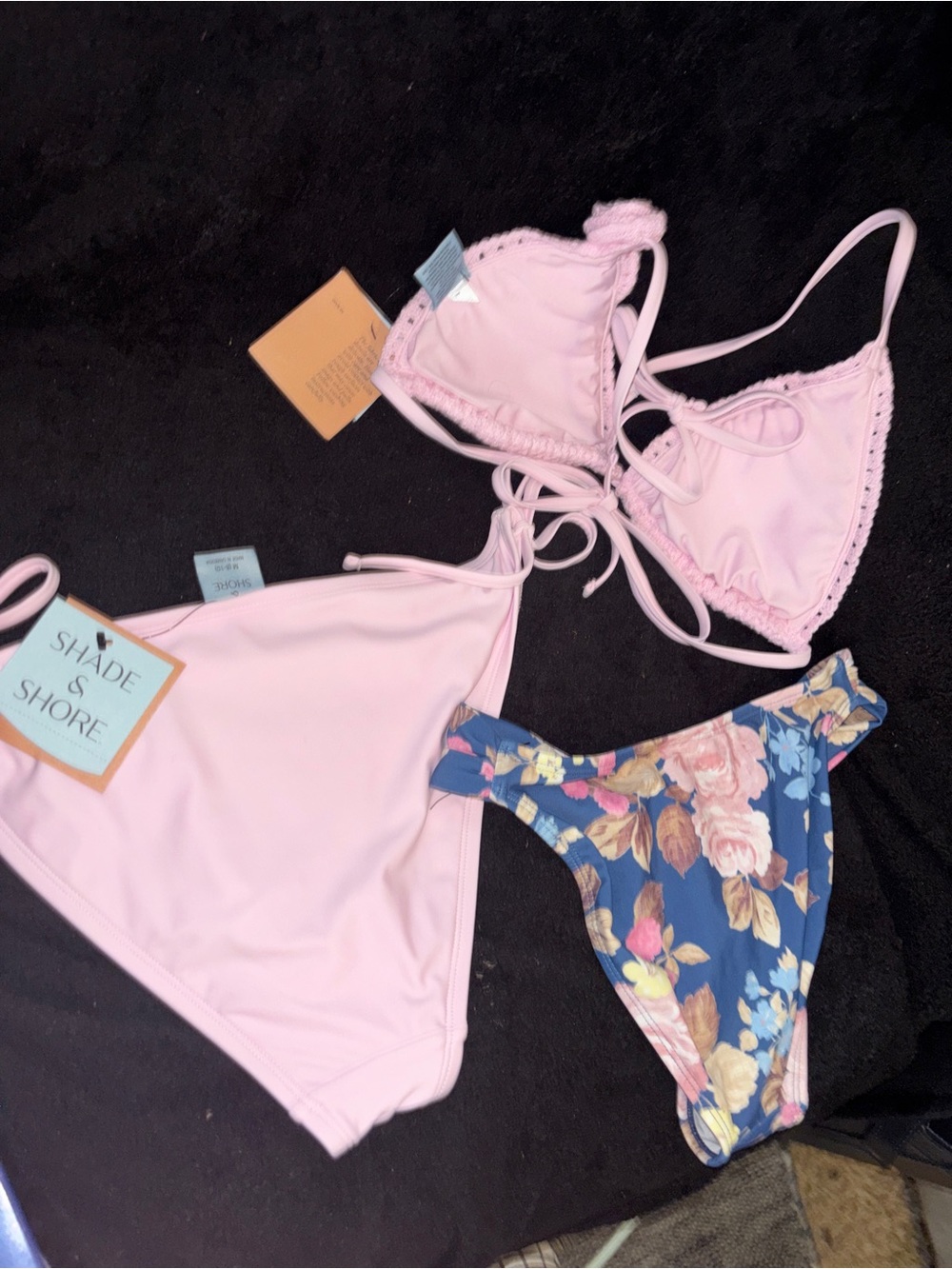Shade & Shore Pink Crochet Triangle Bikini Top with Blue Floral Bottom Set